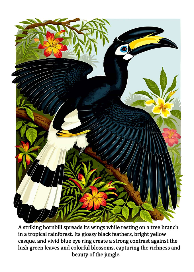 Hornbill in Tropical Rainforest Illustration