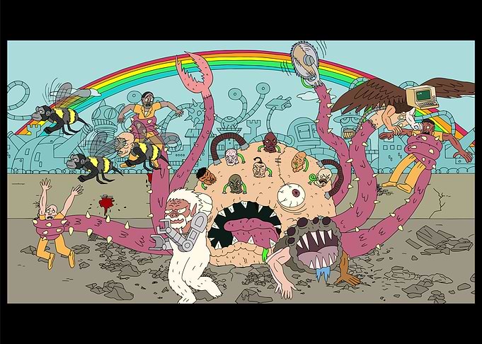 Surreal Battle Scene with Monster and Heroes