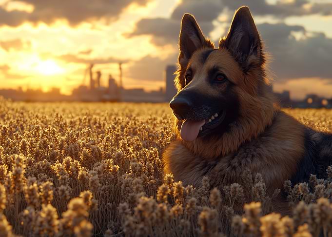 German Shepherd in Golden Wheat Field