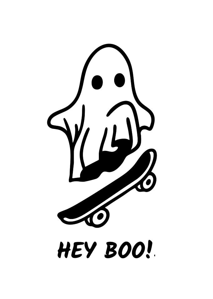 Ghost on Skateboard with 'Hey Boo!'