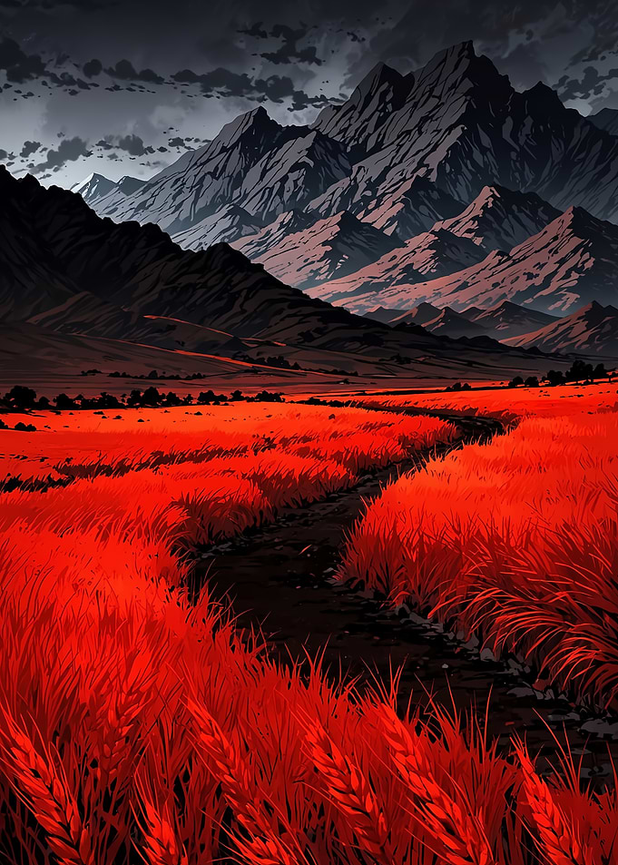 Red Field and Mountain Landscape