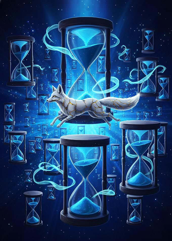 Kintsugi Porcelain Fox in a Surreal Time Maze