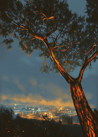 City Lights Through Tree Branches