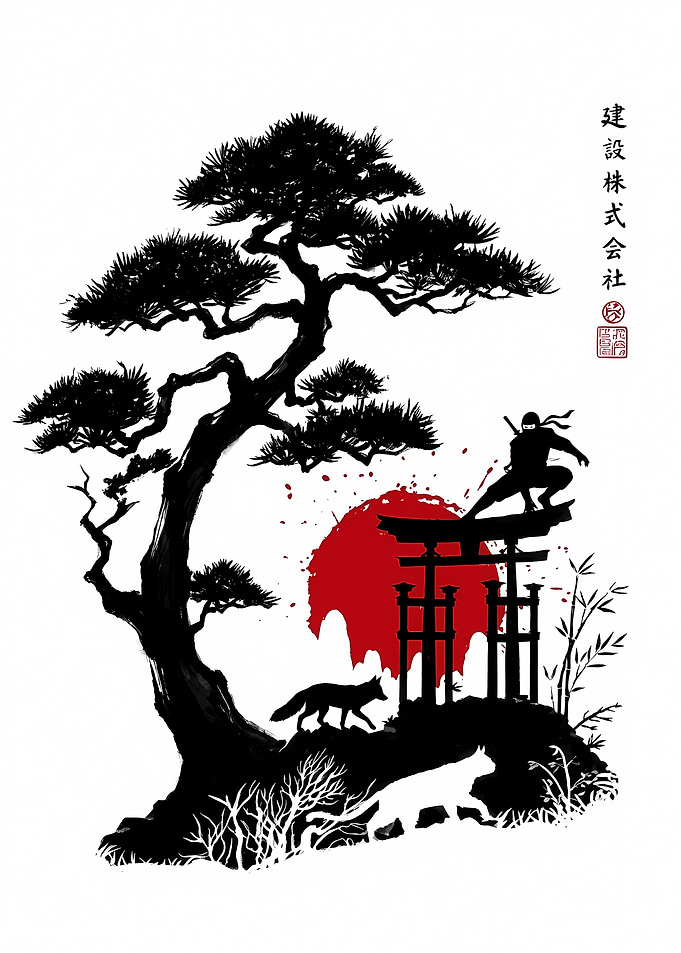 Ninja, Foxes, and Torii Gate Silhouette