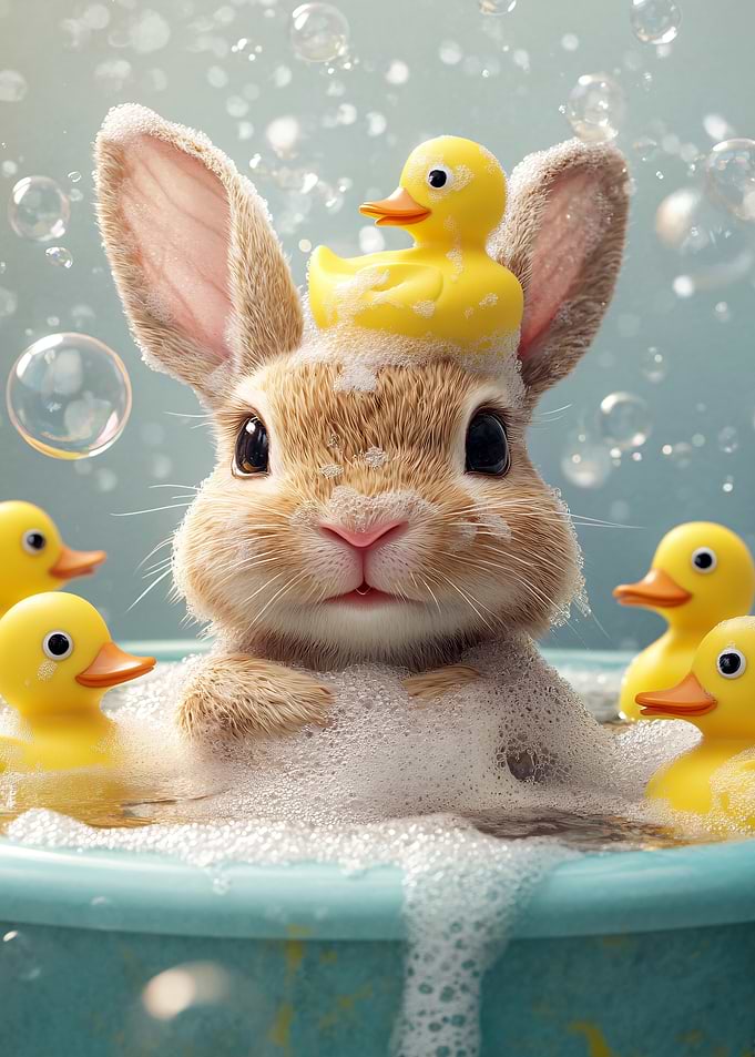 Bunny with Rubber Ducks in Bath