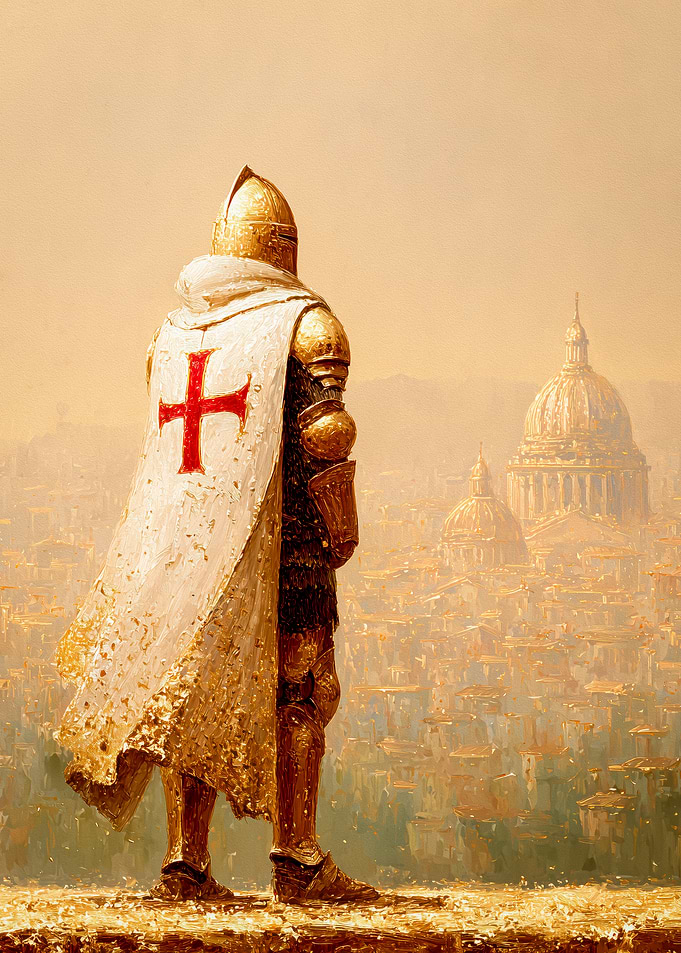Crusader Knight Overlooking Cityscape