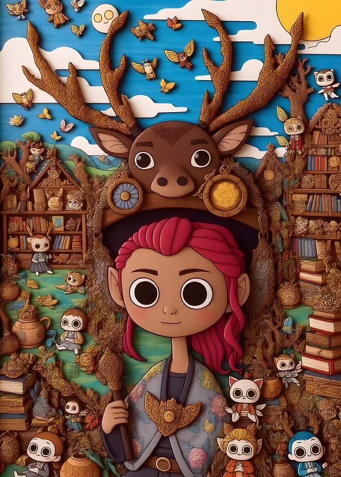 Cartoon Girl with Deer and Owls