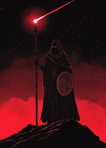 Hooded Figure with Staff and Shield