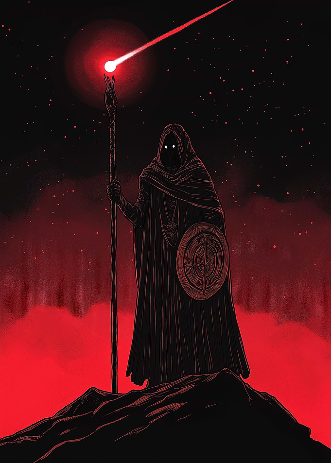Hooded Figure with Staff and Shield