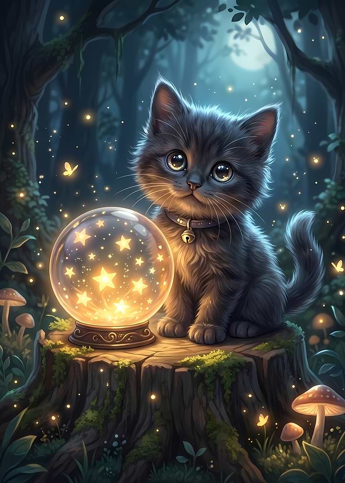 Cute Kitten with Starry Crystal Ball
