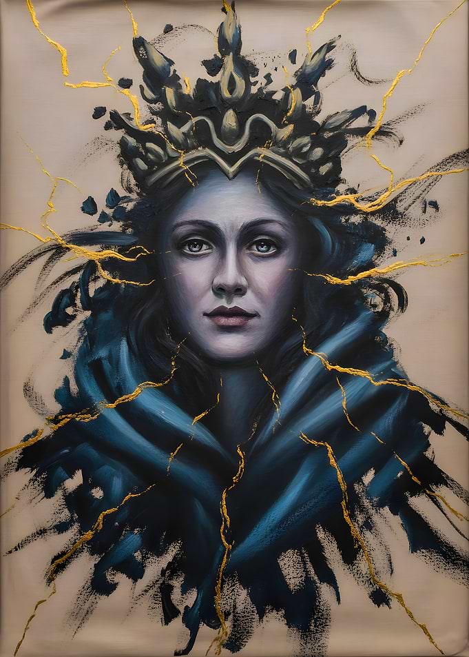 Queen of Shadows Mystical Figure with Lightning Crown – Fantasy Portrait