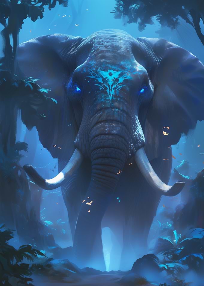 Dark Wood Collection: Mystical Elephant in Blue Forest