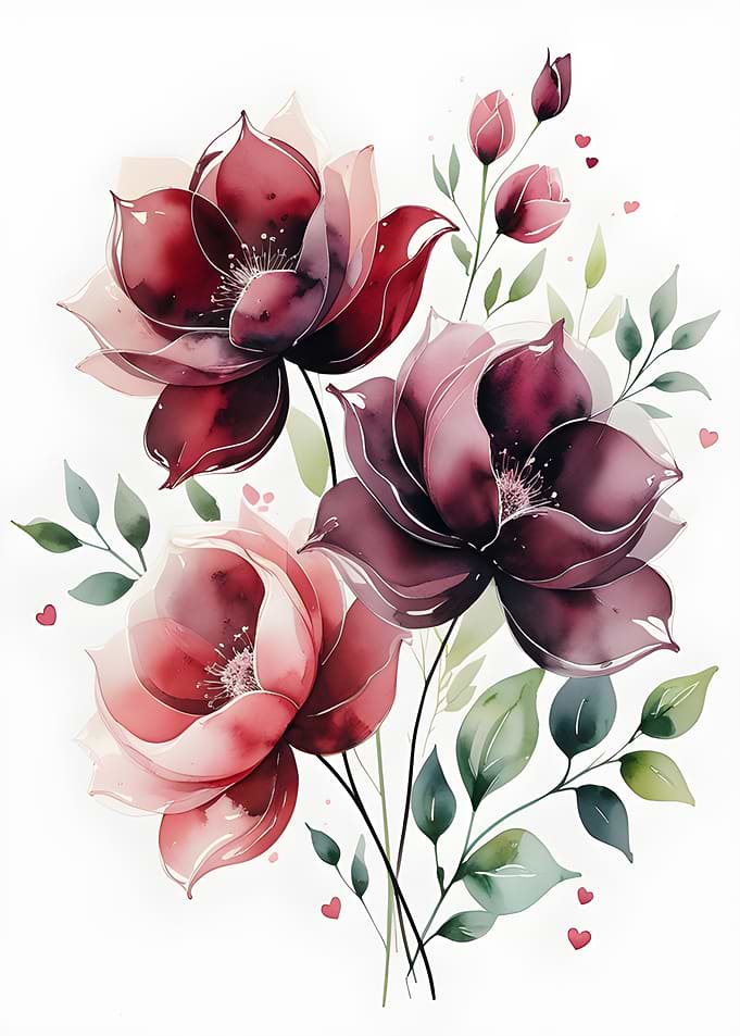 Watercolor Floral Bouquet with Hearts