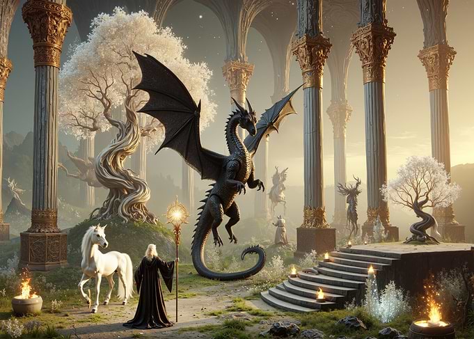 Dragon, Wizard, and White Trees Fantasy