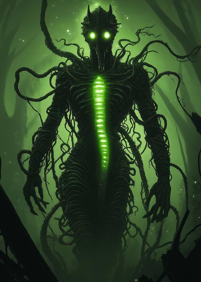 Eerie Green Monster in Dark Forest