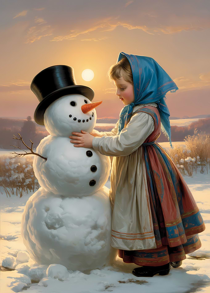 Girl Building a Snowman at Sunset