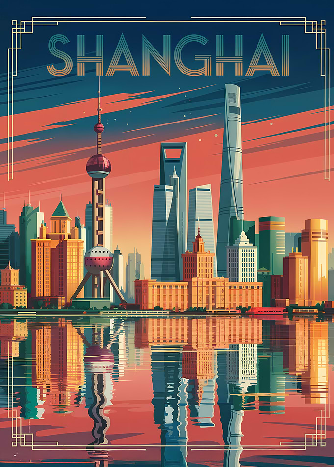 Shanghai Skyline Art Deco Poster