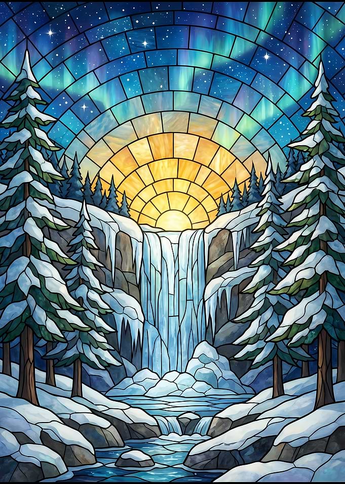 Winter Waterfall Stained Glass Landscape