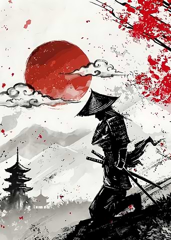 Samurai in Ink Wash Landscape