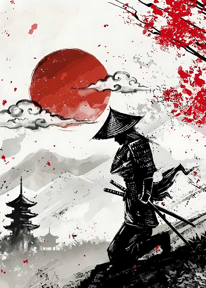 Samurai in Ink Wash Landscape
