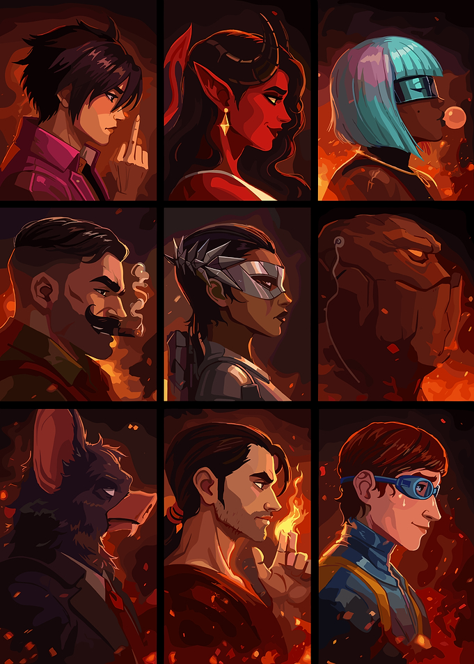 Nine Character Portraits with Fiery Background