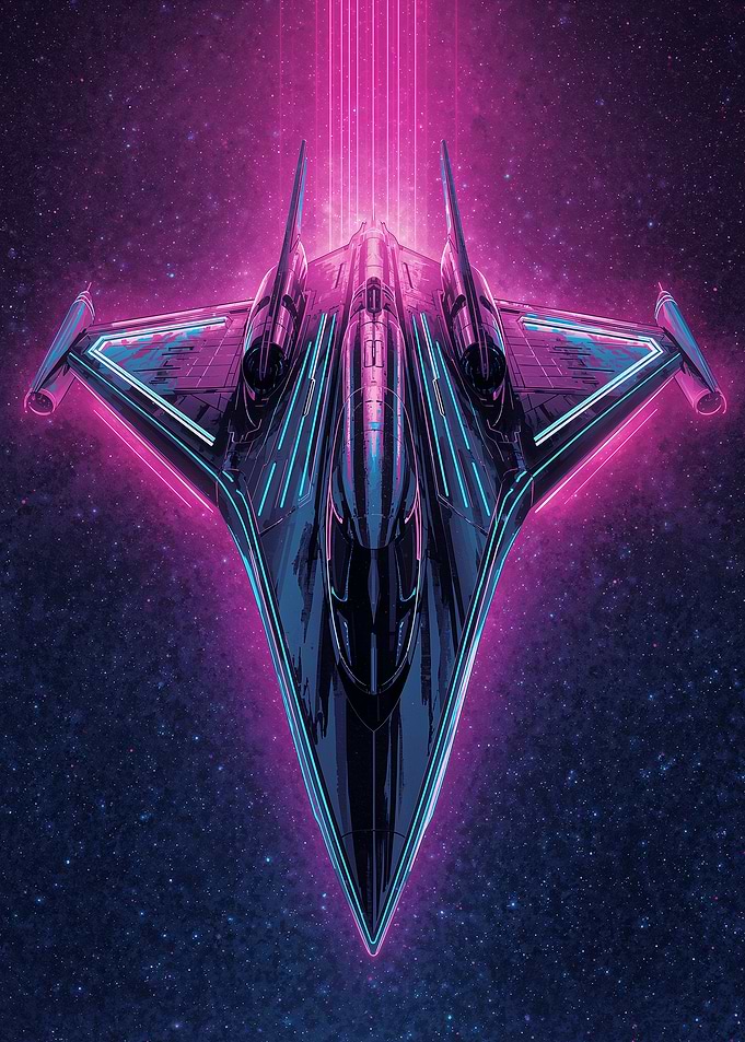 Neon Spaceship in Starry Sky