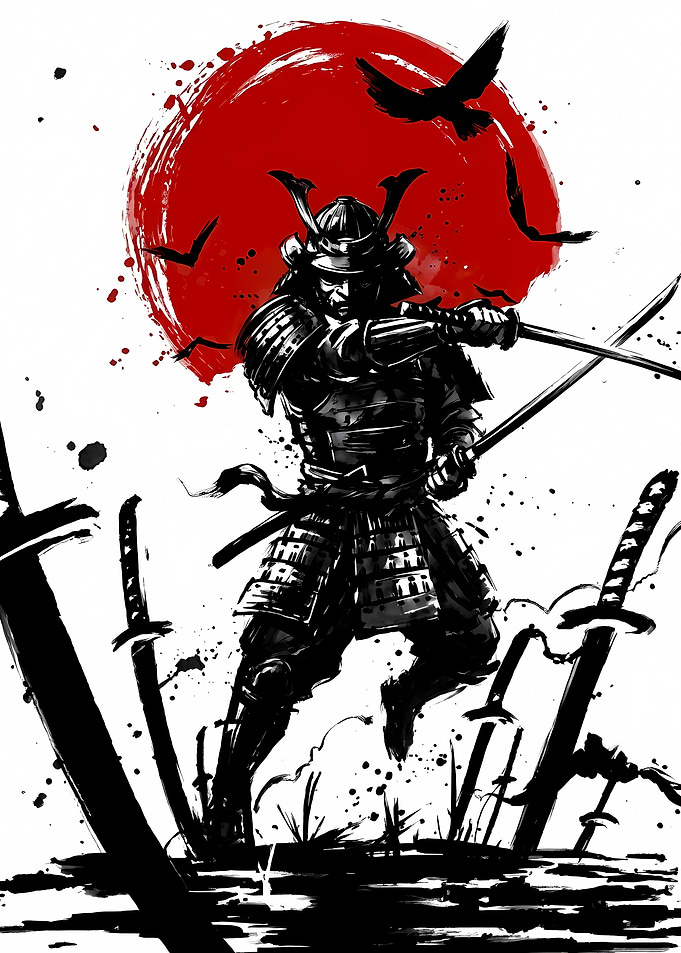 Samurai Warrior with Swords and Birds