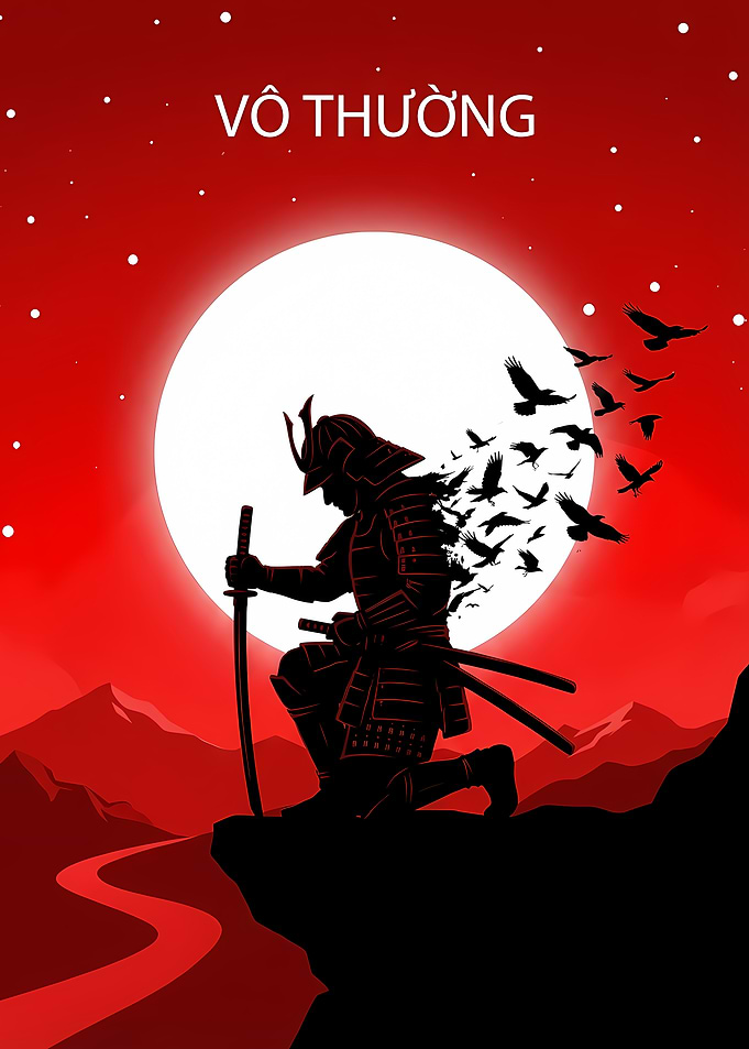 Samurai Silhouette with Birds and Moon