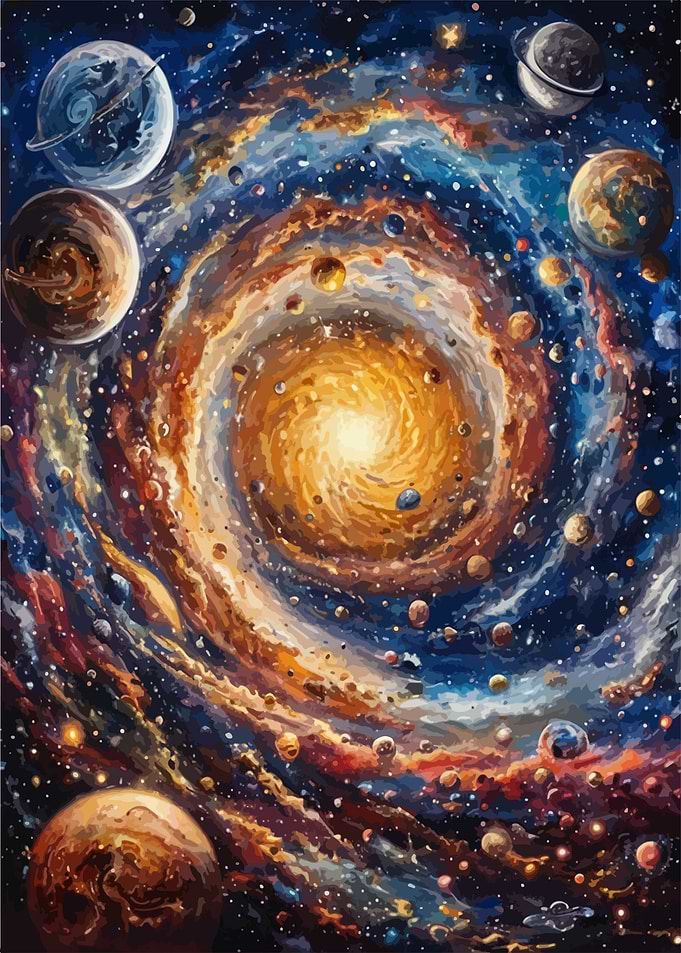 Colorful Galaxy Painting with Planets