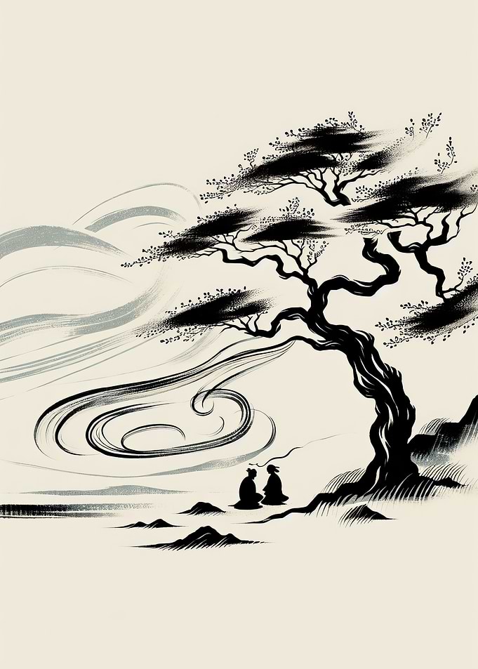 Ink Wash Painting: Tree and Figures