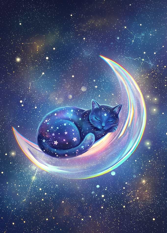 Celestial Cat on Crescent Moon