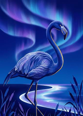 Blue Flamingo with Aurora Borealis