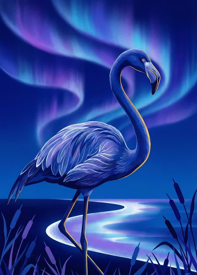 Blue Flamingo with Aurora Borealis