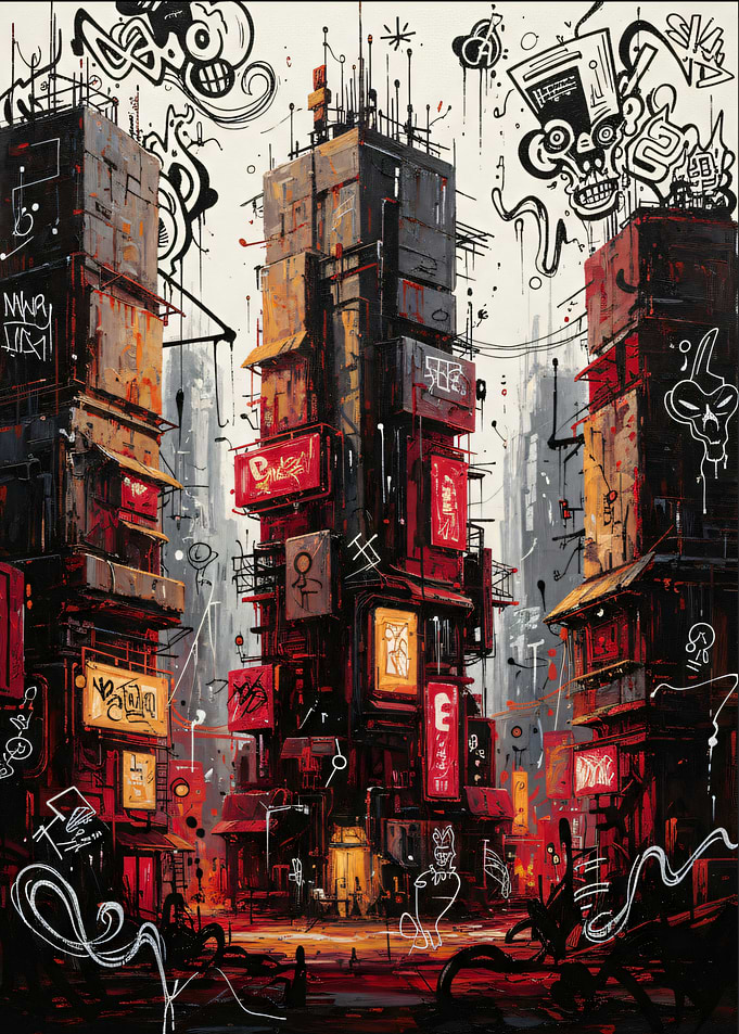 Cyberpunk Cityscape with Graffiti Art