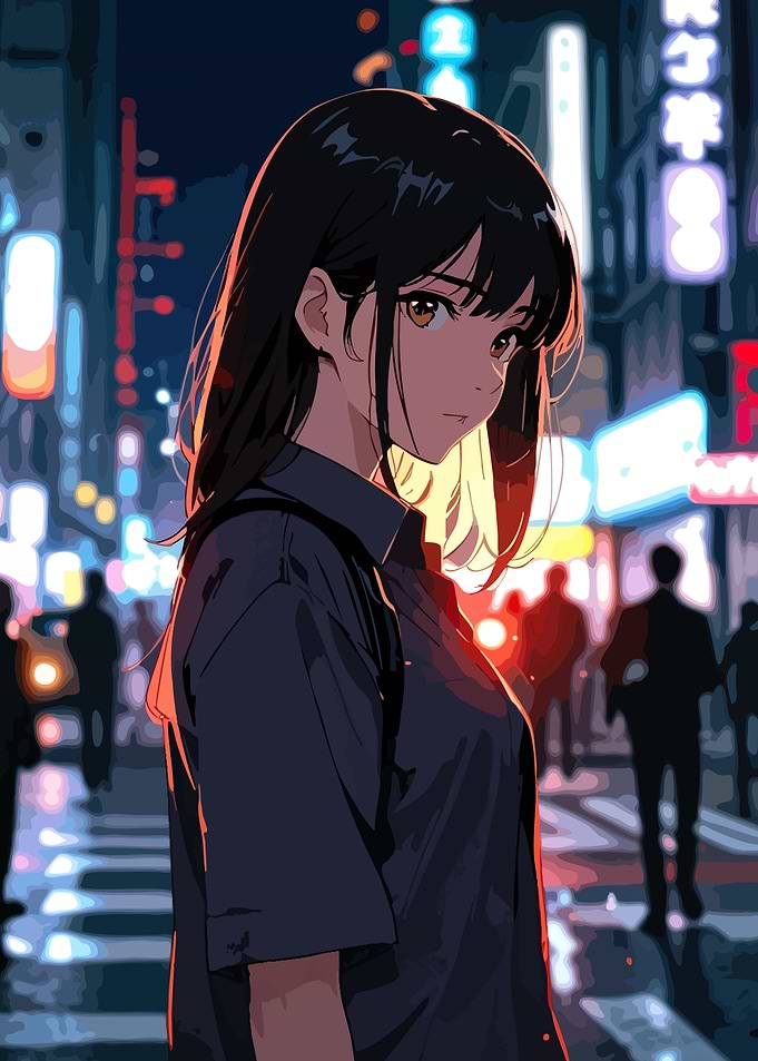 Anime Girl in City at Night