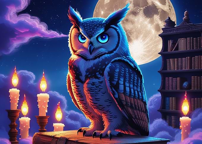 Wise Owl on Book with Candles