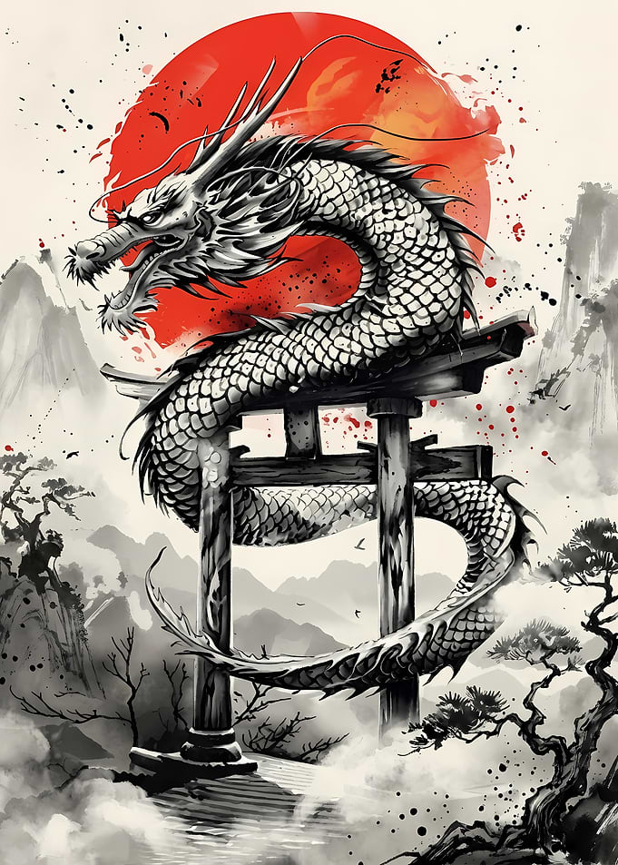 Dragon over Torii Gate with Rising Sun