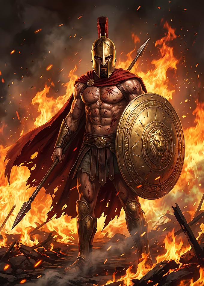 Spartan Warrior in Fiery Battle