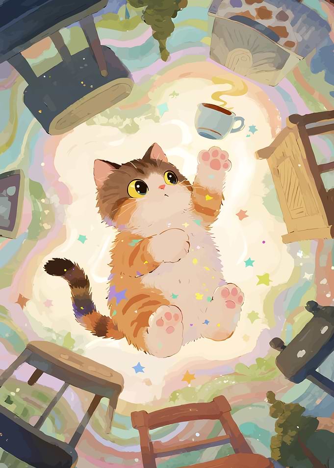 Whimsical Cat with Coffee Cup
