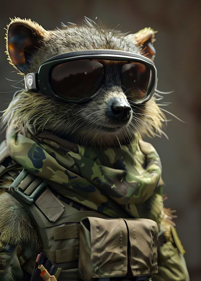 Military Raccoon with Goggles and Camouflage