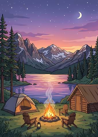 Camping by the Lake at Night