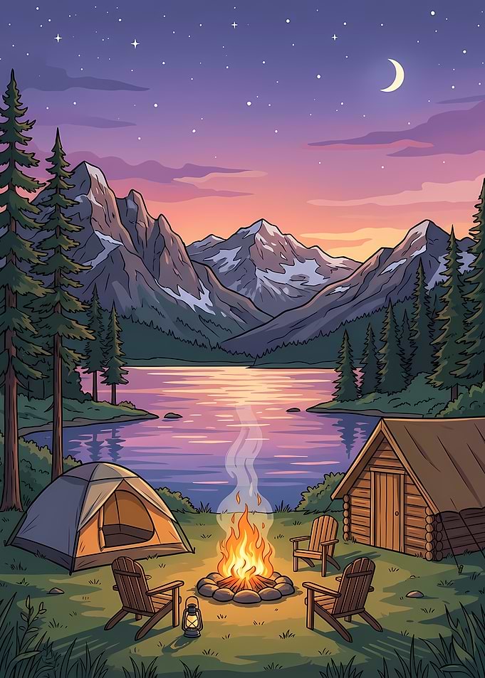 Camping by the Lake at Night