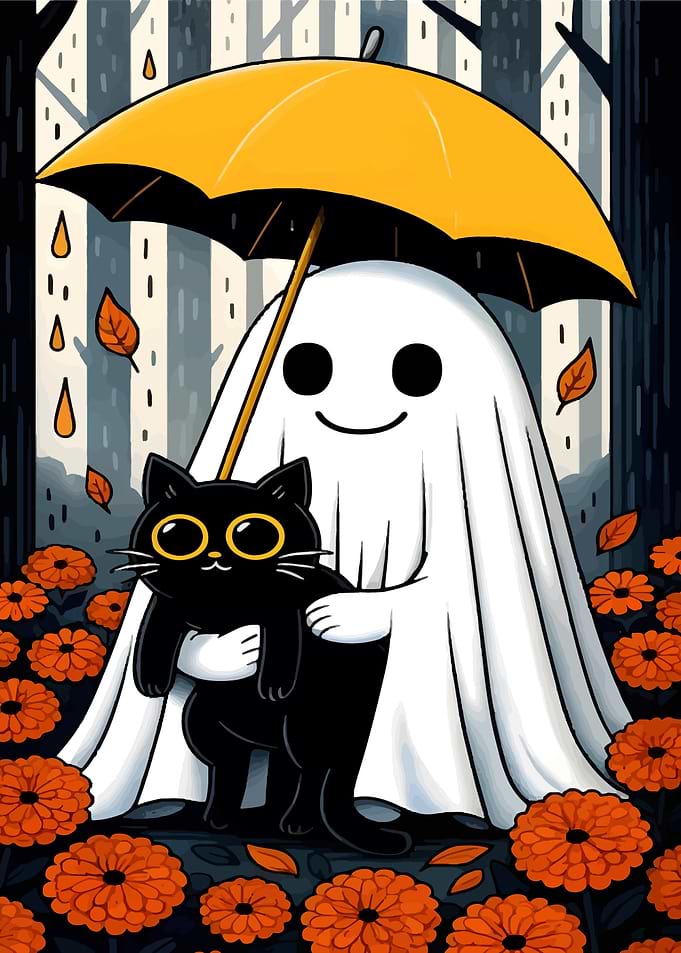 Ghost, Cat, and Umbrella in Rain