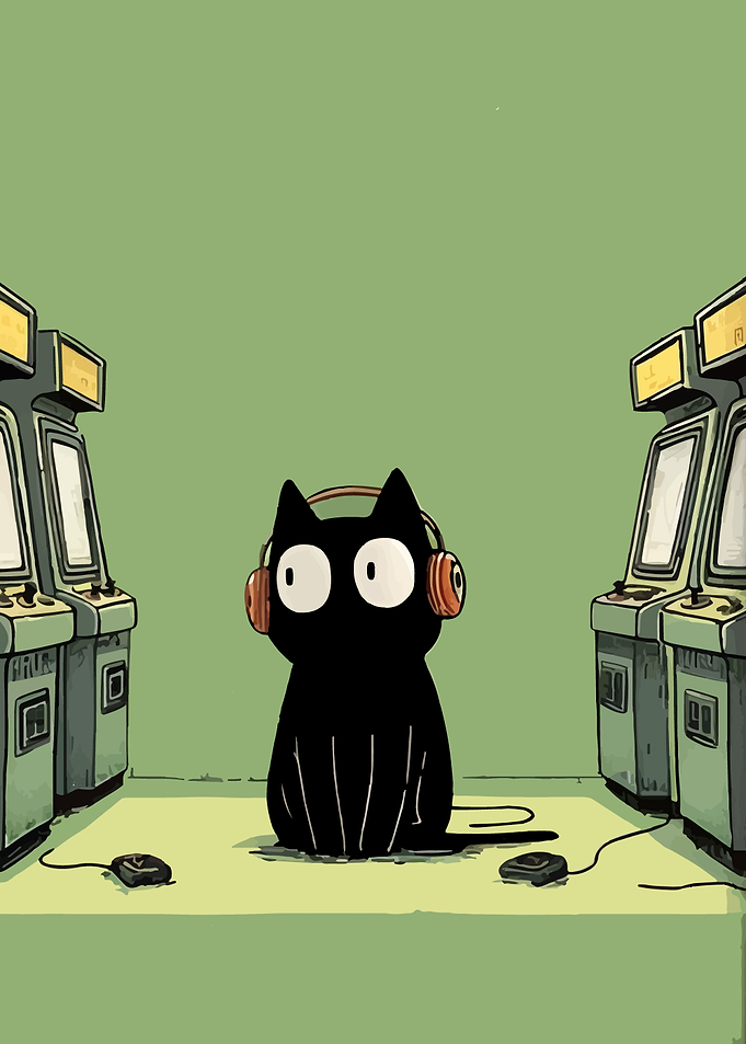 Cat with Headphones in Arcade