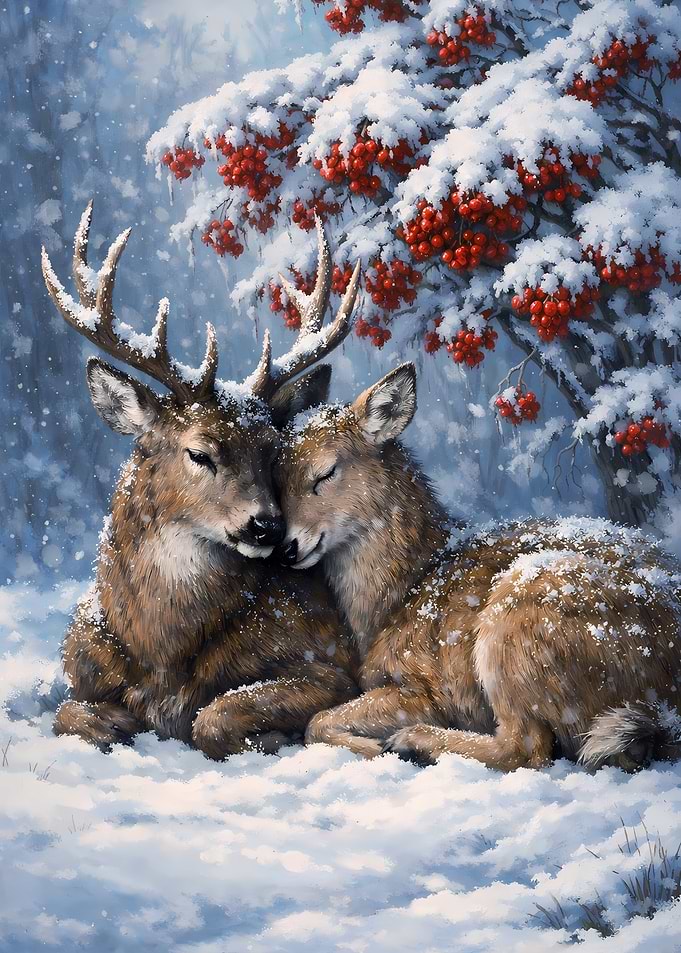 Deer Couple in Winter Snow Painting