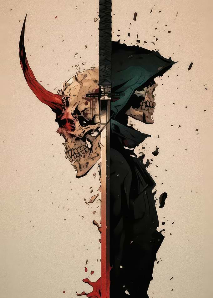 Oni Skull and Hooded Figure with Katana