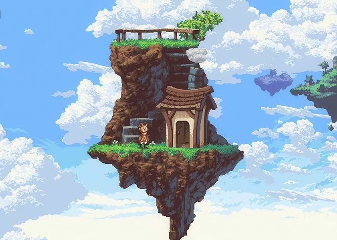 Pixel Art Floating Island with Character