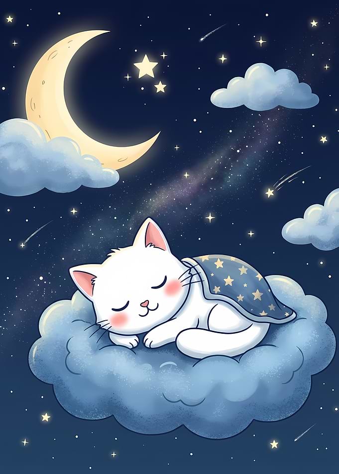 Sleeping Cat on Cloud in Night