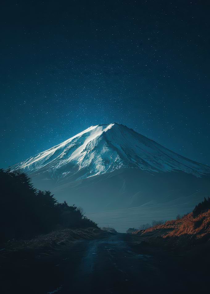 Snowy Mount Fuji Under Starry Night Sky