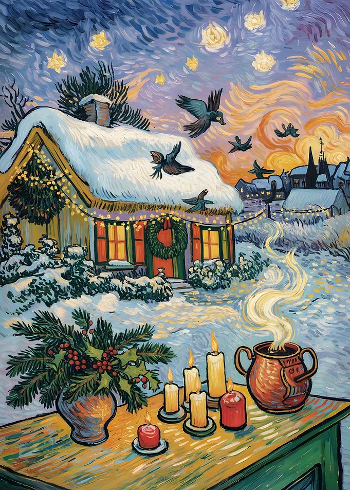 Winter Village Night Painting